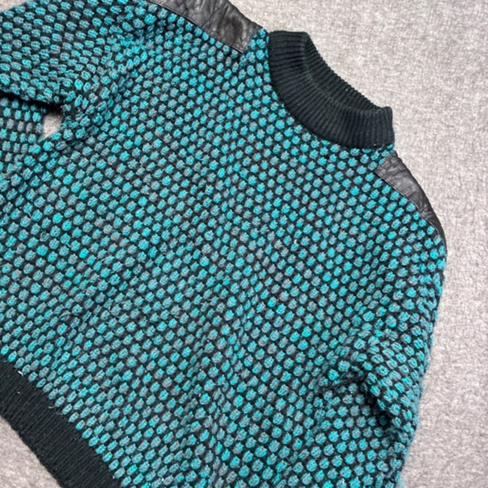 Vintage Street Scenes Sweater Mens Large Teal Black Leather‎ Patch Knit Acrylic